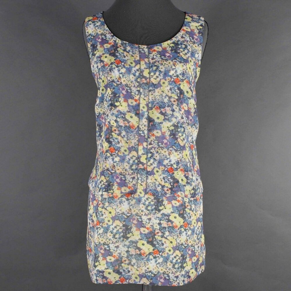 CAbi Sz M Navy Blue Yellow Multi Sheer Lined 3 Layers Flowy 100% Poly Top - Picture 2 of 5